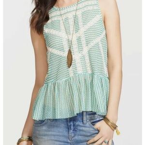 Free People Green Sheer Crochet Tank, with Ivory Lace Stripe, Peplum, Size XS